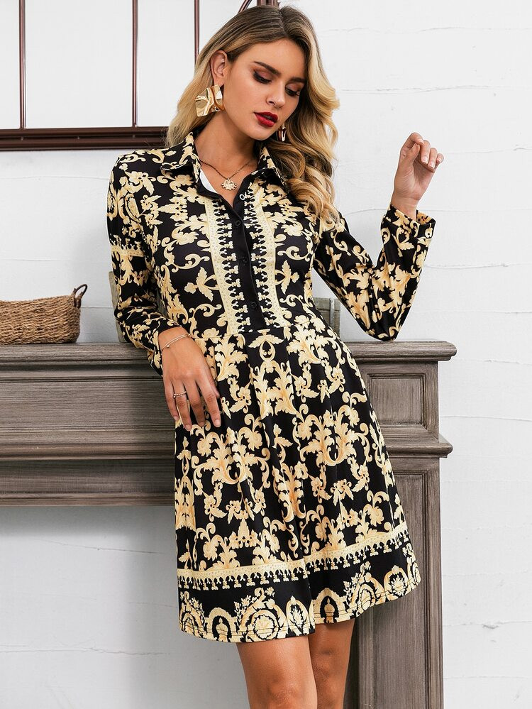 Glamaker Scroll Print Button Front Shirt Dress | SHEIN