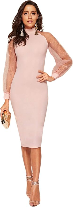 Romwe Women's Mock Neck Long Mesh Sleeve Zipper Back Sheath Dress | Amazon (US)