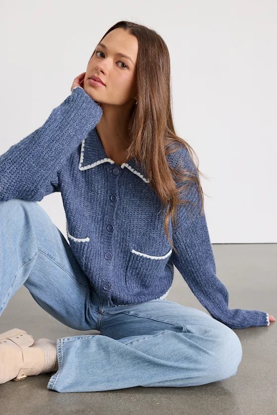 Marsia Dusty Blue Marled Whipstitched Cardigan Sweater | Lulus