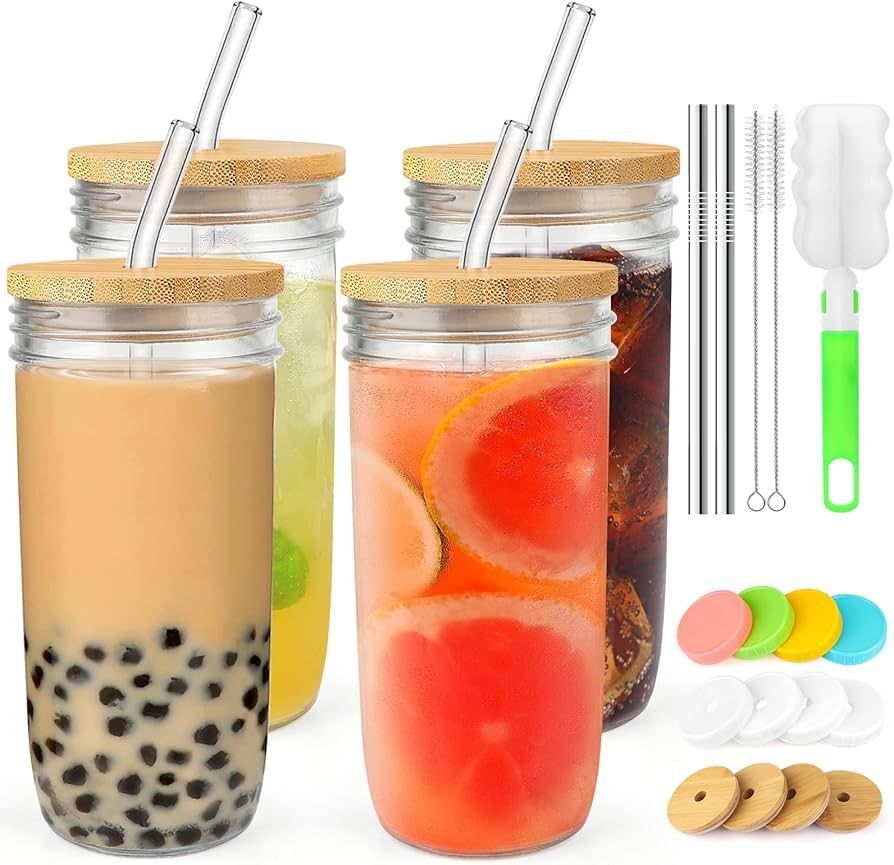 4 Pack Glass Cups Set - 24oz Mason Jar with Bamboo Lids and Glass Straw & 12 Airtight Lids, Brush... | Amazon (US)