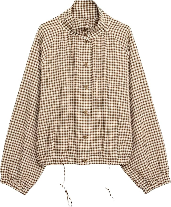Womens Gingham Bomber Jacket Lightweight Stand Collar Casual Coat | Amazon (US)