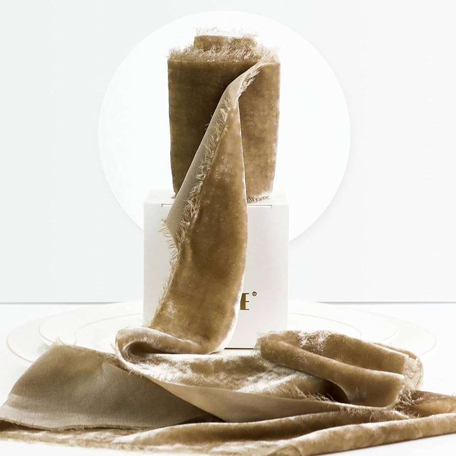 MEEDEE Camel Velvet Ribbon - 3 Inch Fringe, Raw Edge, Silk Velvet for Wreaths, Flower Bouquets, P... | Amazon (US)
