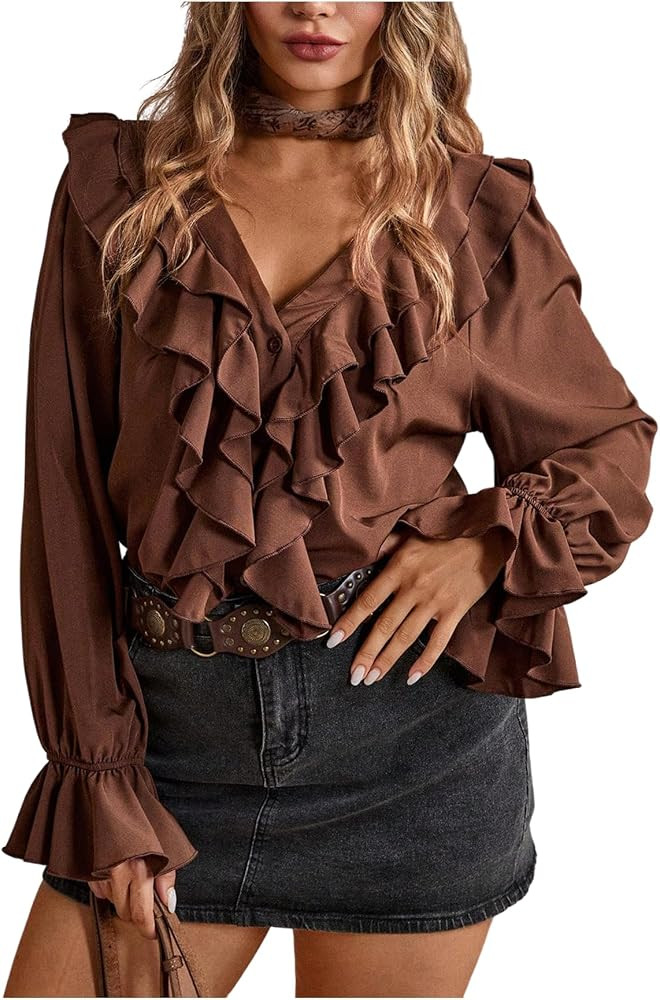 WDIRARA Women's Plus Size Layered Ruffle Button Down Shirts V Neck Flounce Long Sleeve Blouse Top... | Amazon (US)