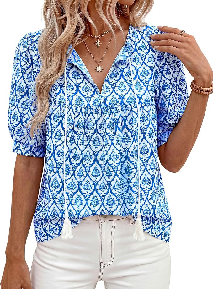 PRETTYGARDEN Womens Summer Boho Tops 2026 Tie Front V Neck Print Loose Fit Short Sleeve Peasant B... | Amazon (US)