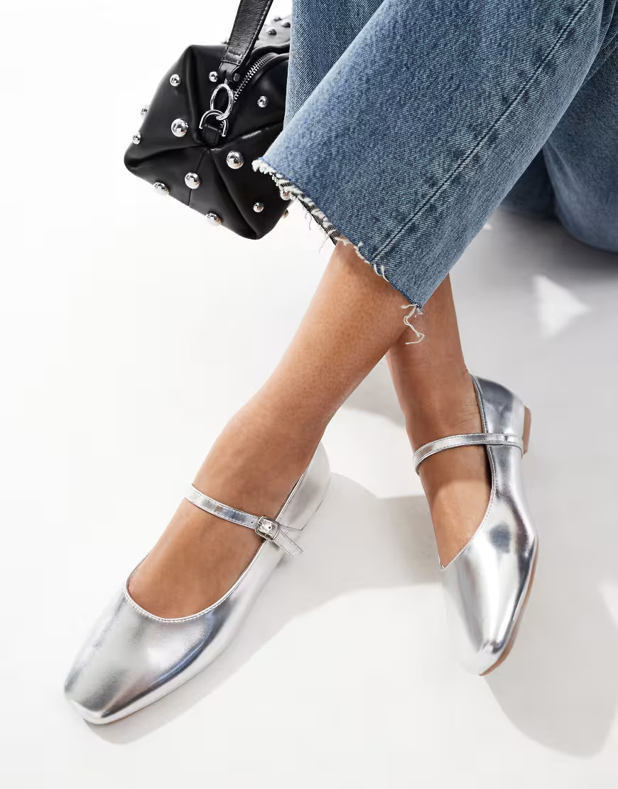 SEQWL buckle strap ballet flats in silver-Gold | ASOS (Global)