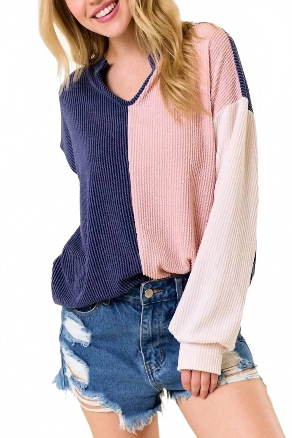My Other Half Top In Navy/pale Peach/oat | Shop Simon