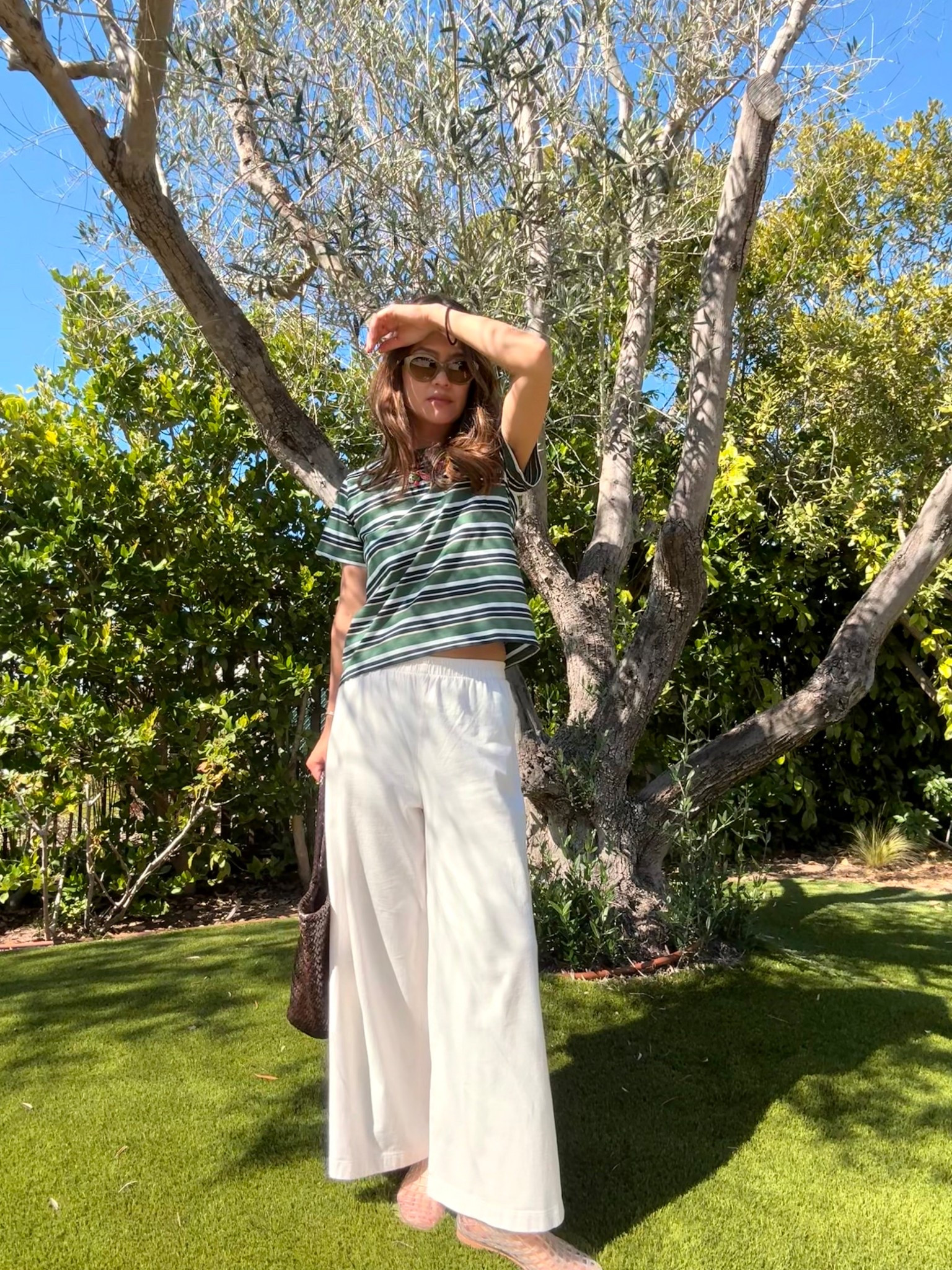 Green and Navy Striped tee with wide leg elastic waist pants

#LTKSeasonal #LTKStyleTip