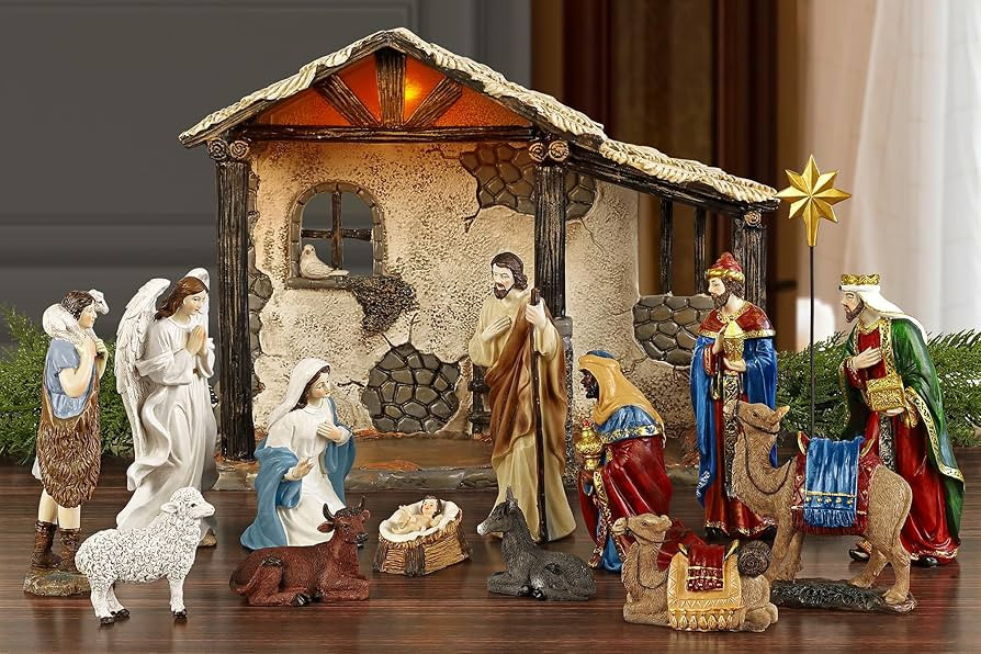 Fovths 16 Pieces Lighted Nativity Sets for Christmas Indoor Deluxe Edition Lighted Stable Resin N... | Amazon (US)
