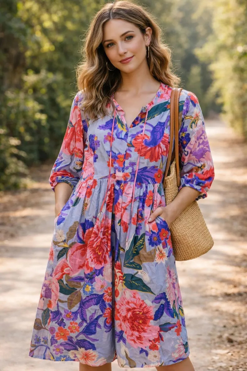 Short Mini Dress, Floral Women Cotton Dress, Comfort Soft Midi Dress | Etsy (US)