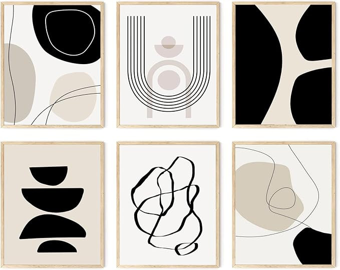 Abstract Boho Wall Art Prints Set of 6, Minimalist Geometric Boho Wall Art Black Brown Beige Line... | Amazon (US)