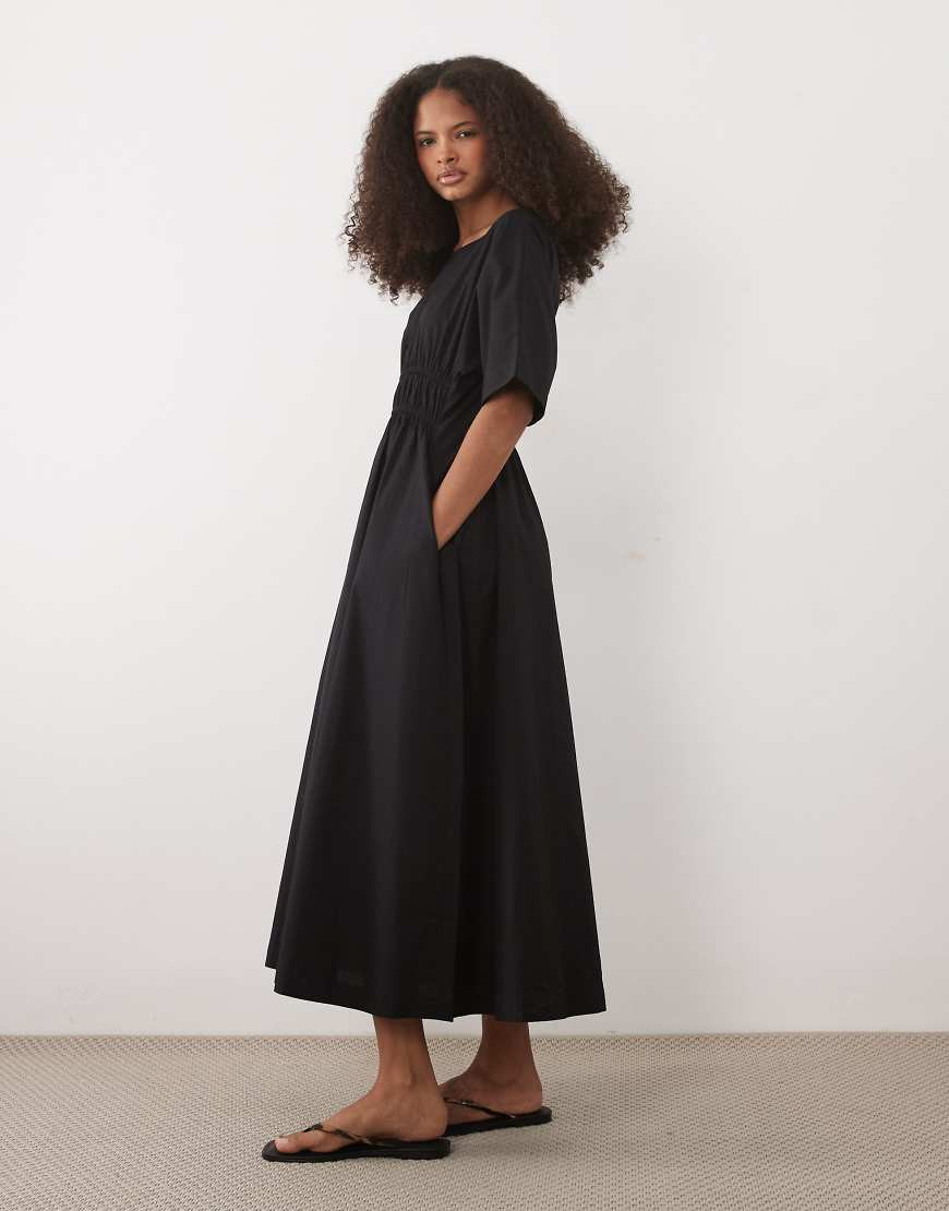 Threadbare cotton poplin short sleeve midi dress in black | ASOS (Global)