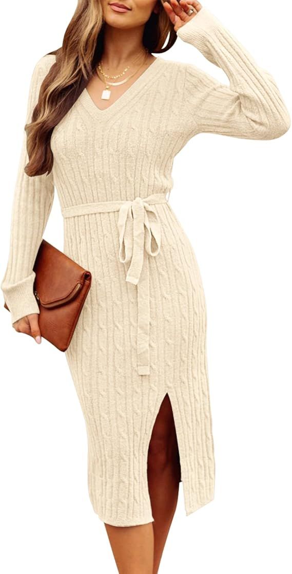 MEROKEETY Women's V Neck Cable Knit Sweater Dress Long Sleeve Bodycon Slit Pullover Midi Dress wi... | Amazon (US)