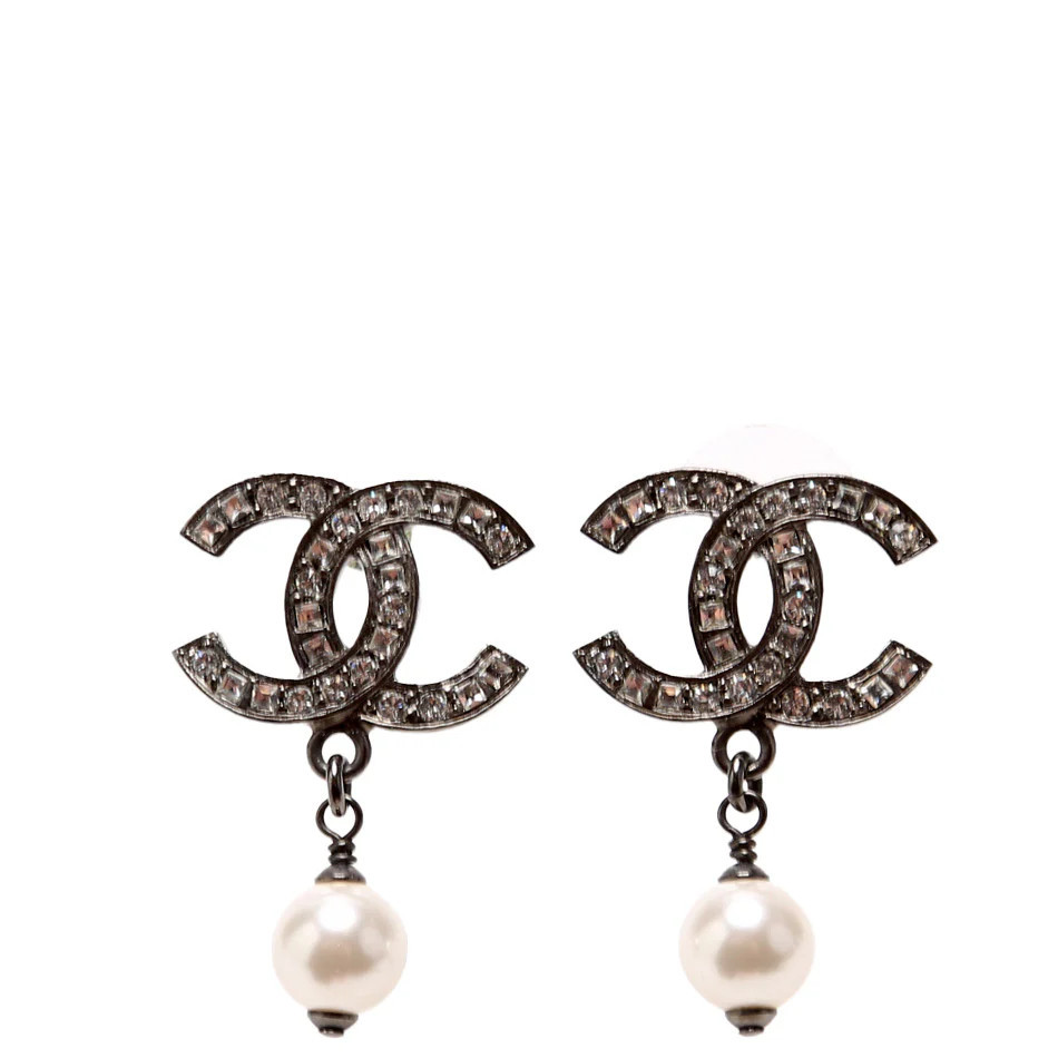 CC Crystal Faux Pearl Drop Earrings Gunmetal/Pearl | Keeks Designer Handbags