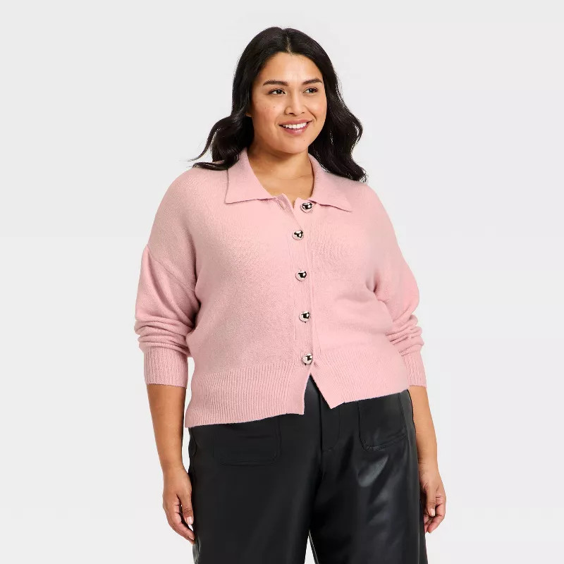 Women's Long Sleeve Heart Button Cardigan Sweater - A New Day™ Light Pink 2X | Target