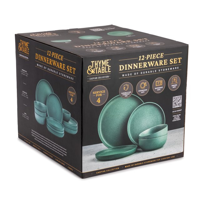 Thyme & Table 12-Piece Stoneware Dinnerware Set, Caspian Green Collection | Walmart (US)