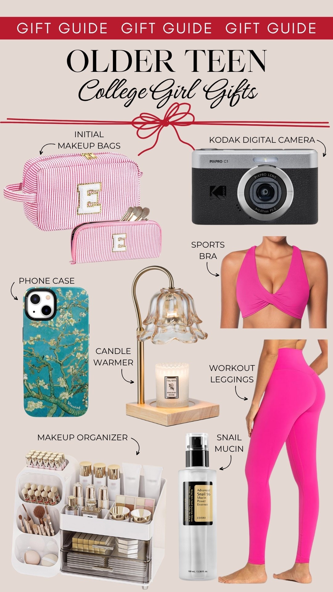 This gift guide for older teens and college girls includes initial makeup bags, a Kodak digital camera, a phone case, candle warmer, a sports bra and workout leggings, a makeup organizer, and snail mucin.

Gifts for girls, gifts for teens, gift guide for older girls

#LTKGiftGuide #LTKHoliday #LTKFindsUnder50