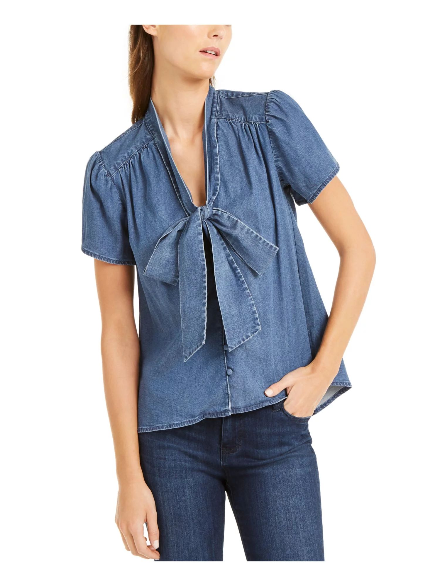 INC Womens Blue Denim Short Sleeve Tie Neck Button Up Top Size: M | Walmart (US)