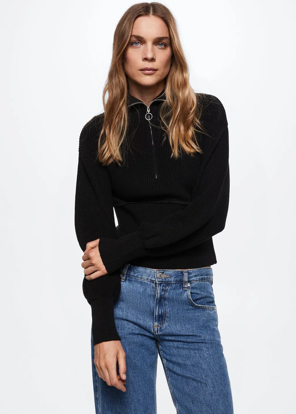 Pullover with puffed sleeve zipper -  Women | Mango USA | MANGO (US)