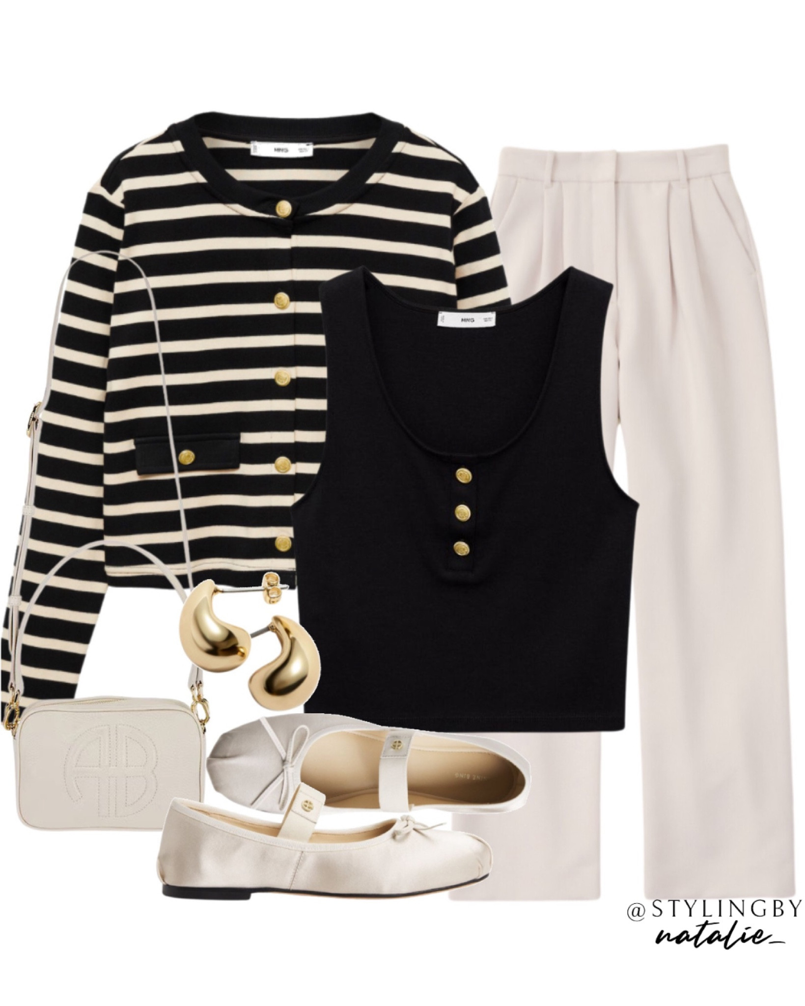 Stripe cardigan, tailored trousers, black top with gold buttons, satin ballet pumps, Anine bing crossbody bag. Classy style, work wear, autumn workwear, fall work outfit.

#LTKautumn #LTKstyletip #LTKeurope
