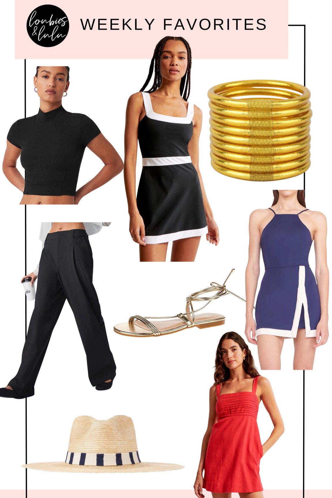 Weekly faves 😎 the most comfortable Alo trousers and mock neck tee, staud and Abercrombie active / exercise dresses both on sale, cutest linen skort, best lace up sandals and all weather bangles 

#LTKFitness #LTKOver40 #LTKSummerSales