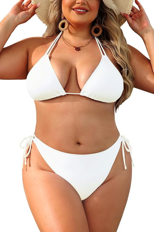 Daci Women Plus Size Triangle Bikini Sets Two Piece Double Straps Halter Swimsuit Side Tie String... | Amazon (US)