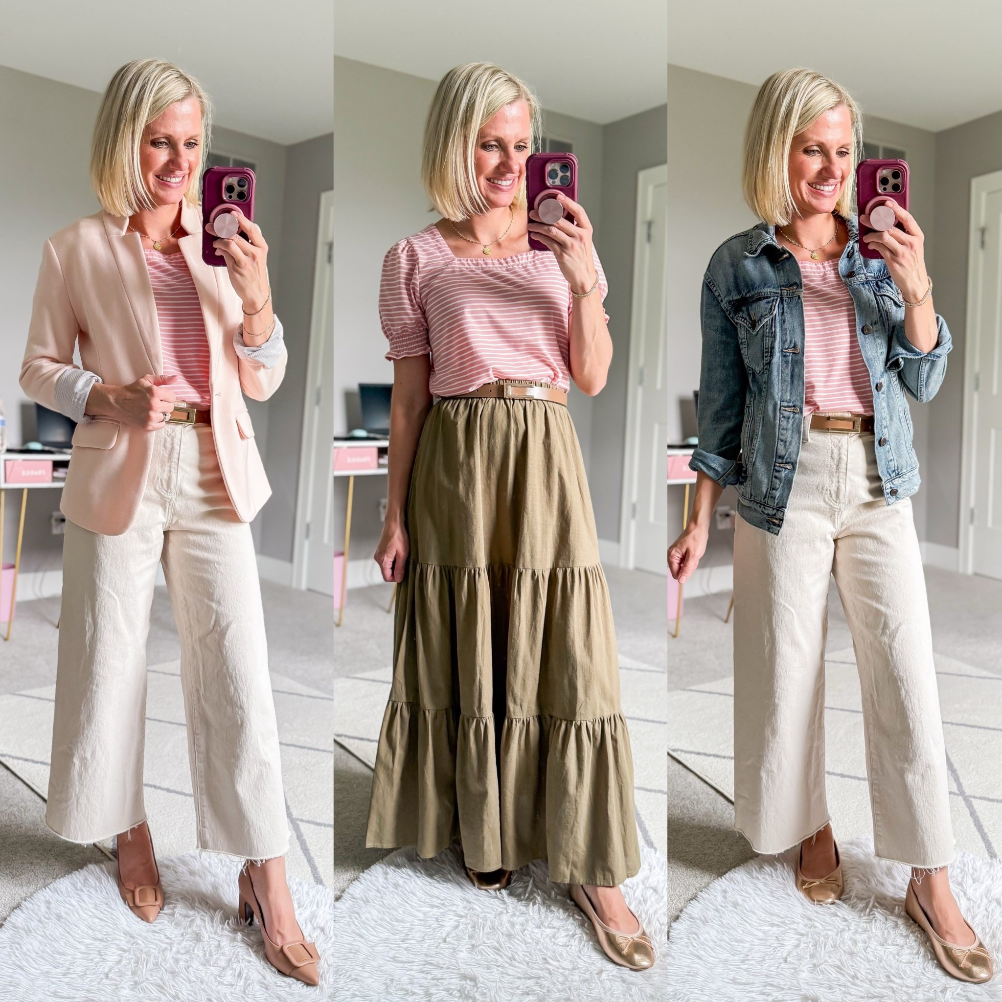 Teacher outfits with a pink top! Top- small || white jeans- 0/I cut the hem || skirt- small || blazer- xsmall || denim jacket- xsmall 

#LTKPetite #LTKWorkwear #LTKStyleTip