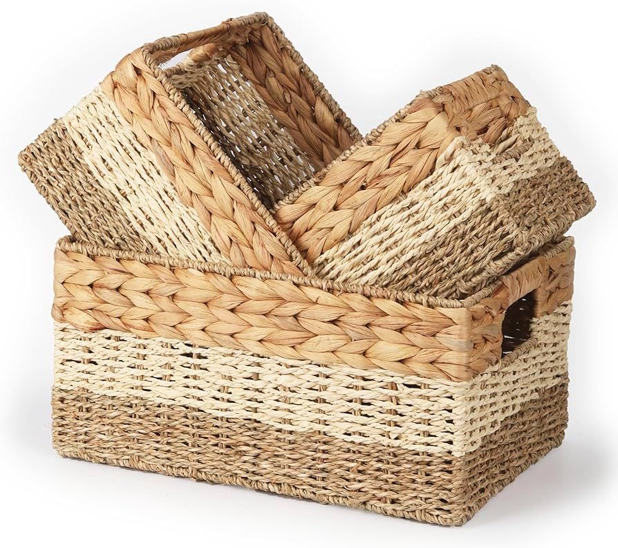 Wicker Storage Baskets, 13 Inch Set of 3 Mixed Weave Baskets For Shelves, Water Hyacinth Pantry B... | Amazon (US)