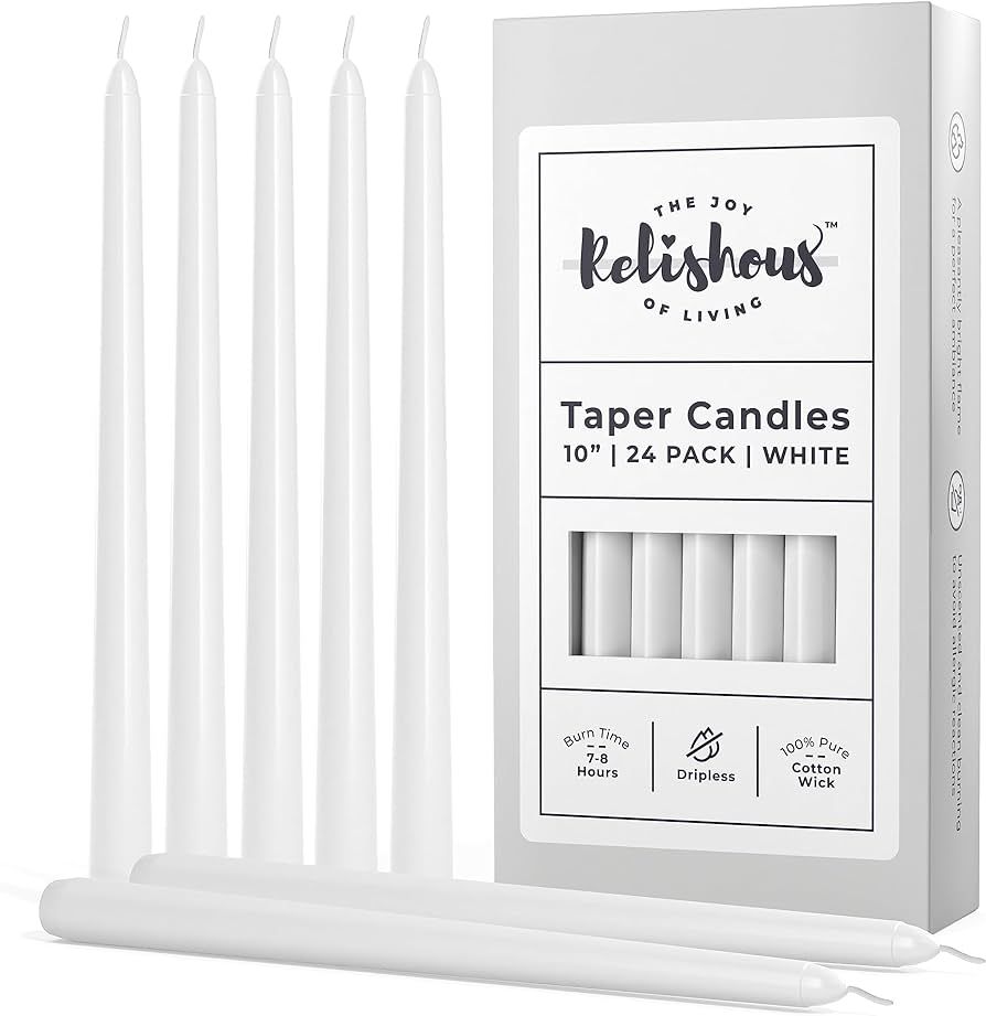 Relishous 24 Pcs White Taper Candles - 10 Inch Tall Dripless Taper Candles Unscented, Smokeless W... | Amazon (US)