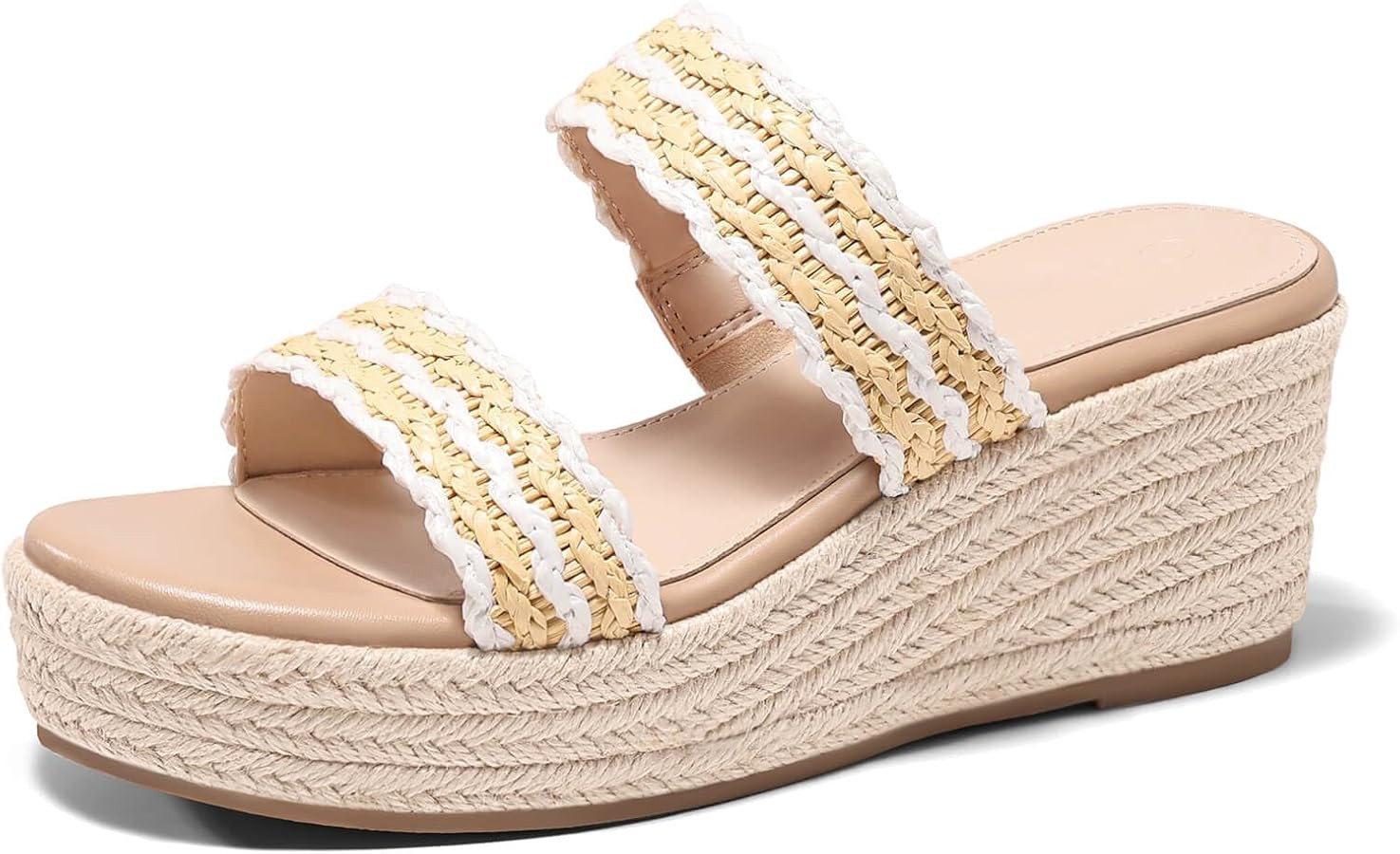 Coutgo Womens Platform Wedge Sandals Espadrille Raffia Heeled Slides Open Toe Two Band Summer Bea... | Amazon (US)