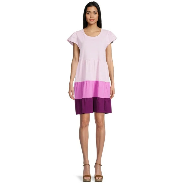 Time and Tru Women's Short Sleeve Tiered Knit Dress | Walmart (US)