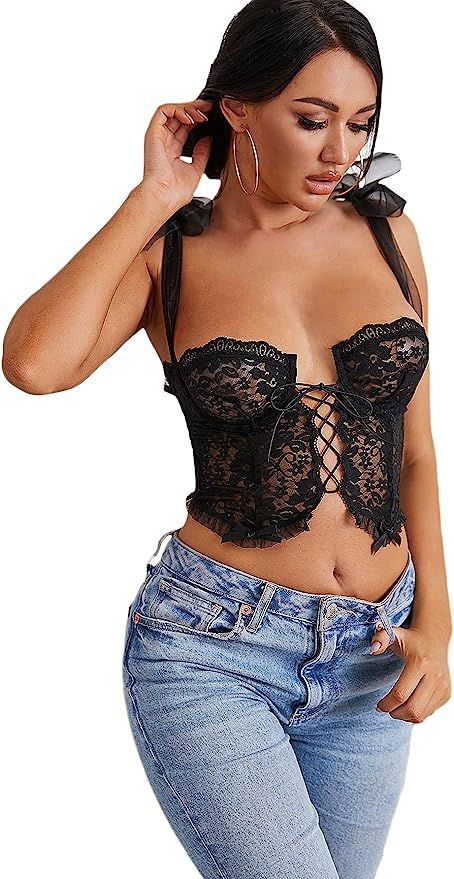 SheIn Women's Floral Sheer Eyelash Lace Up Bustier Cami Top Tie Shoulder Bralette | Amazon (US)