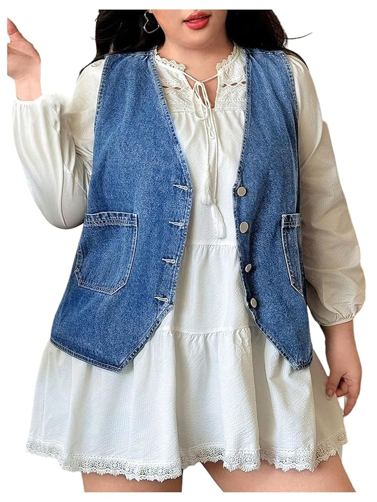 OYOANGLE Women's Plus Size Sleeveless Button Down Jean Jacket V Neck Denim Vest with Dual Pockets | Amazon (US)