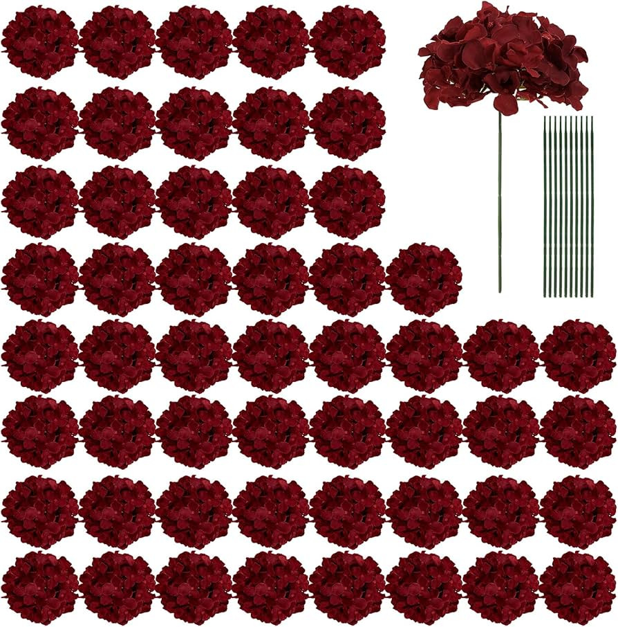 Auihiay 104 PCS Burgundy Hydrangea Artificial Flowers, Silk Hydrangea Heads with Stems, Fake Flow... | Amazon (US)