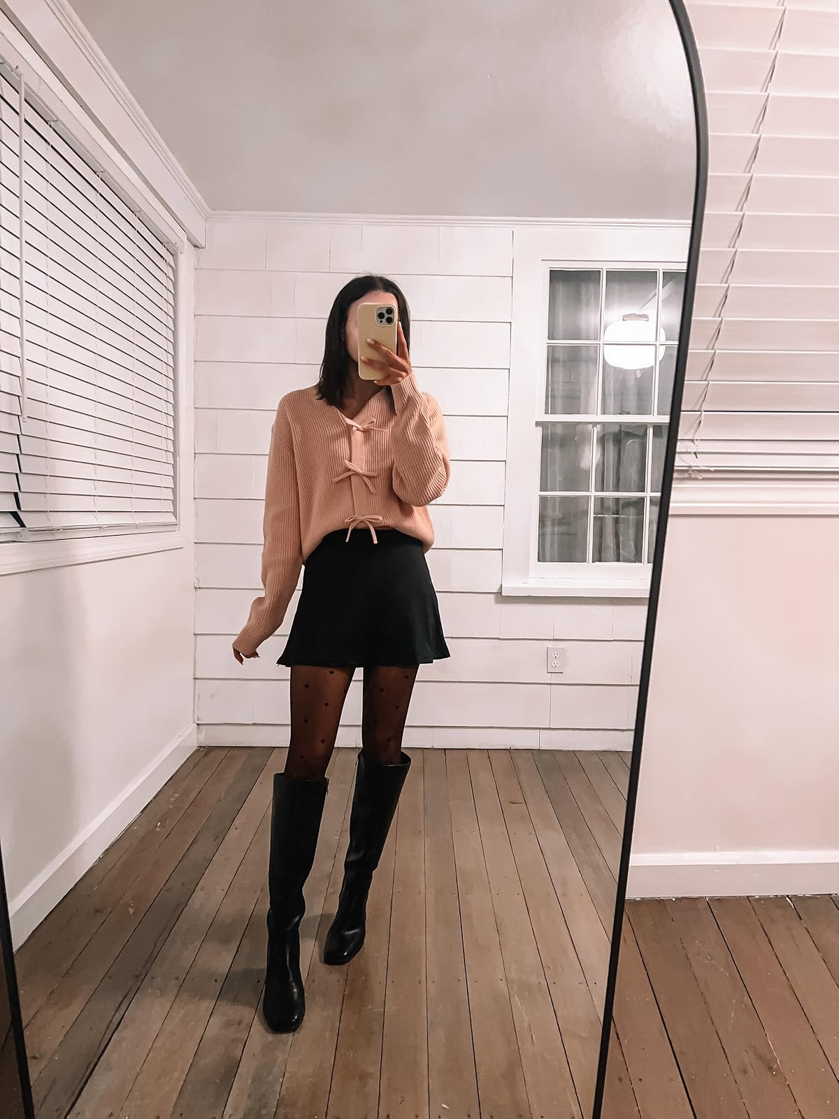 Valentines day outfit- boots true to size, sweater in S, skort in XS. Bow cropped cardigan/black mini skirt/sheer tights/black knee high boots. 
 

 #LTKPetite #LTKFindsUnder100