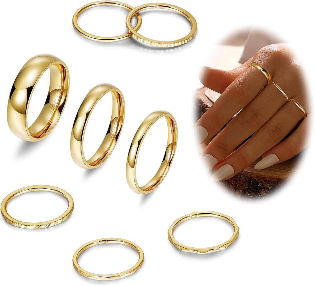 REVOLIA 8Pcs 14K Gold Filled Stainless Steel Knuckle Rings Set for Women Plain Band Stacking Ring... | Amazon (US)