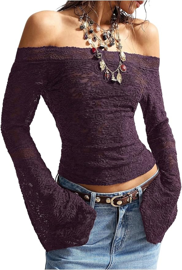 Women's Off The Shoulder Top Boho Y2k Foral Lace Bell Sleeve Sheer Mesh Fitted T Shirts Spring To... | Amazon (US)