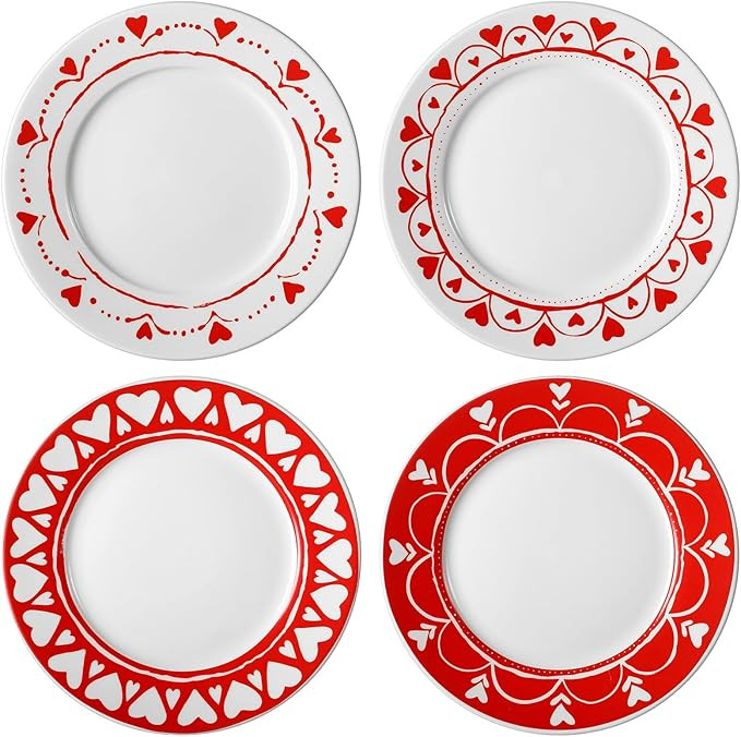 Jinei Set of 4 10 Inch Valentine's Day Ceramic Flat Plates Red White Heart Dining Serving Plates ... | Amazon (US)