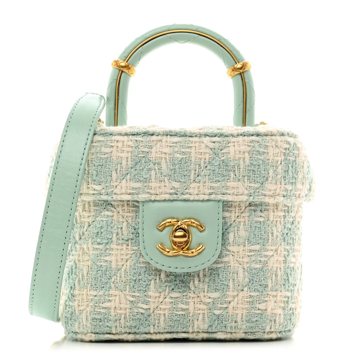 Tweed Handle Crush Top Handle Flap Bag Light Blue Ecru | FASHIONPHILE (US)