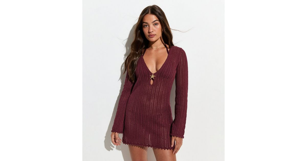 Women's Burgundy Star Buckle Crochet Kaftan Beach Dress New Look | New Look (UK)
