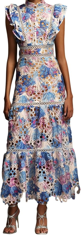 Whimsical Blue Mock Neck Sleeveless Ruffled Garden Party Floral Dress | Amazon (US)
