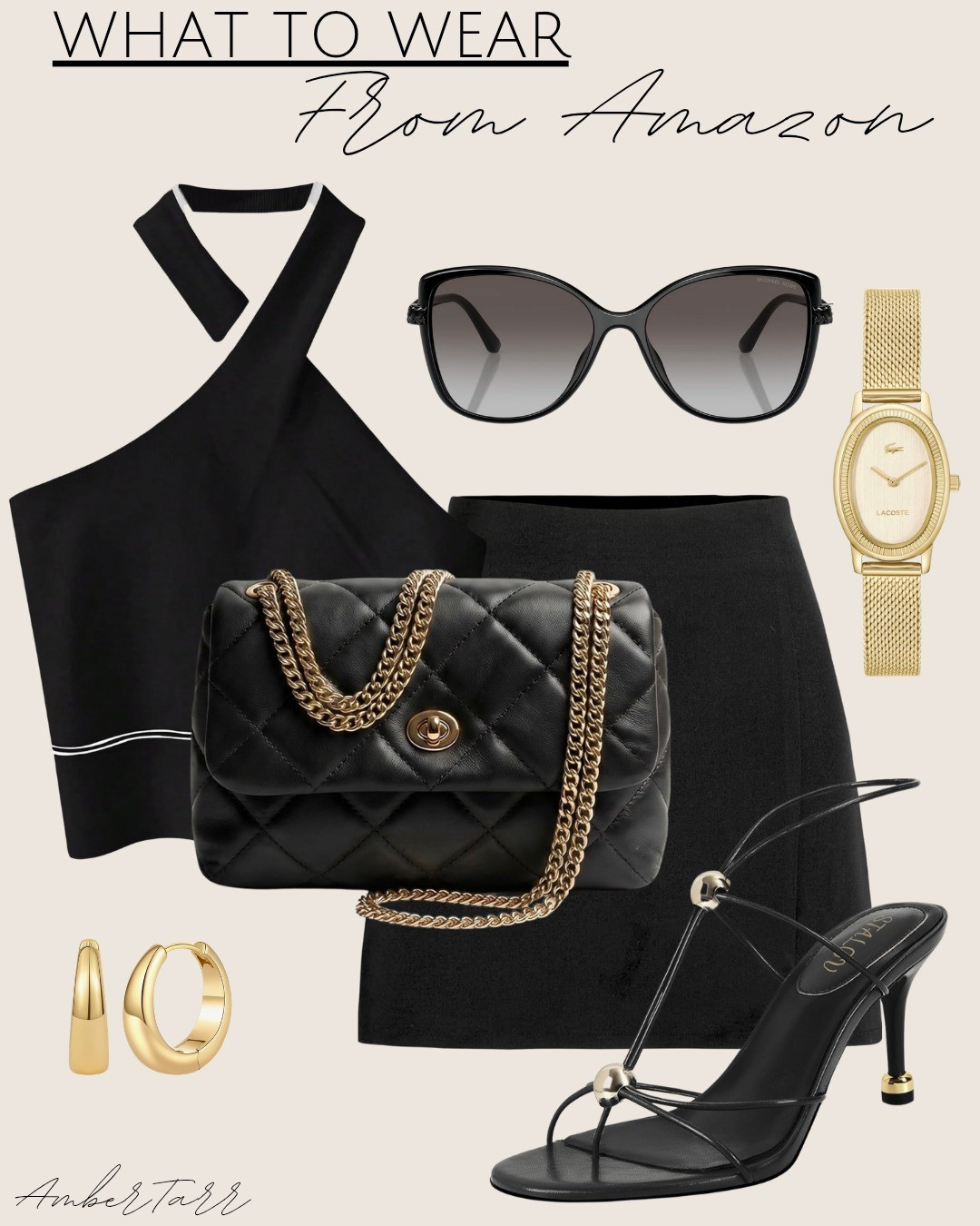 This elegant all-black date night outfit from Amazon is perfect for looking sophisticated and stylish. The black halter crop top paired with high-waisted black pants creates a timeless, chic silhouette that flatters every body type. Style it with a quilted black crossbody bag featuring gold chain straps for that luxury touch. Add black cat-eye sunglasses, gold hoop earrings, and a gold mesh watch for refined elegance. Complete the look with sleek black strappy heels and gold accents to finish this upscale date night ensemble

#LTKootd #LTKgrwm #LTKOver40