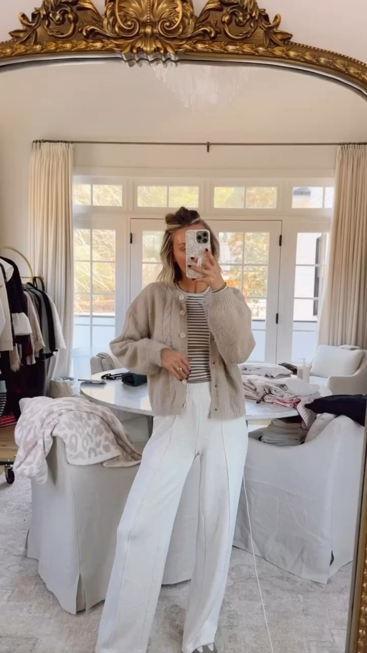 Some neutral outfit inspo! Perfect for working from home or running errands! Wearing XS!

Loverly Grey, cardigan, loungewear, striped tee, Varley

#LTKStyleTip #LTKSeasonal