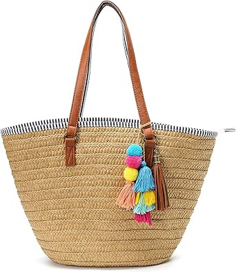 Epsion Straw Beach Bags Tote Tassels Bag Hobo Summer Handwoven Shoulder Bags Purse With Pom Poms | Amazon (US)