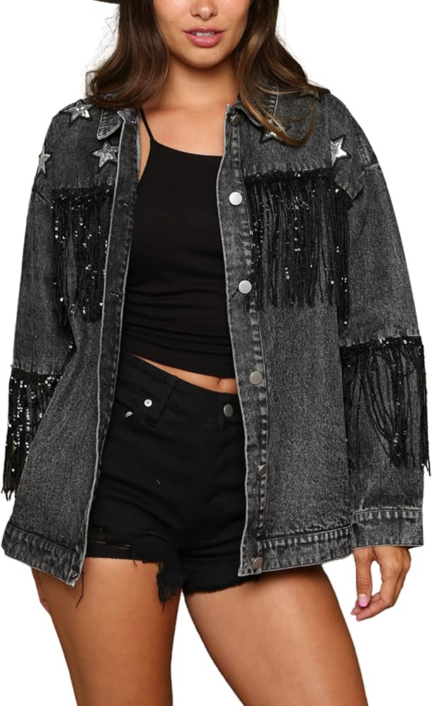 Women's Trendy Oversized Denim Fringe Jacket Long Sleeve Sequin Tassel Jean Coat | Amazon (US)