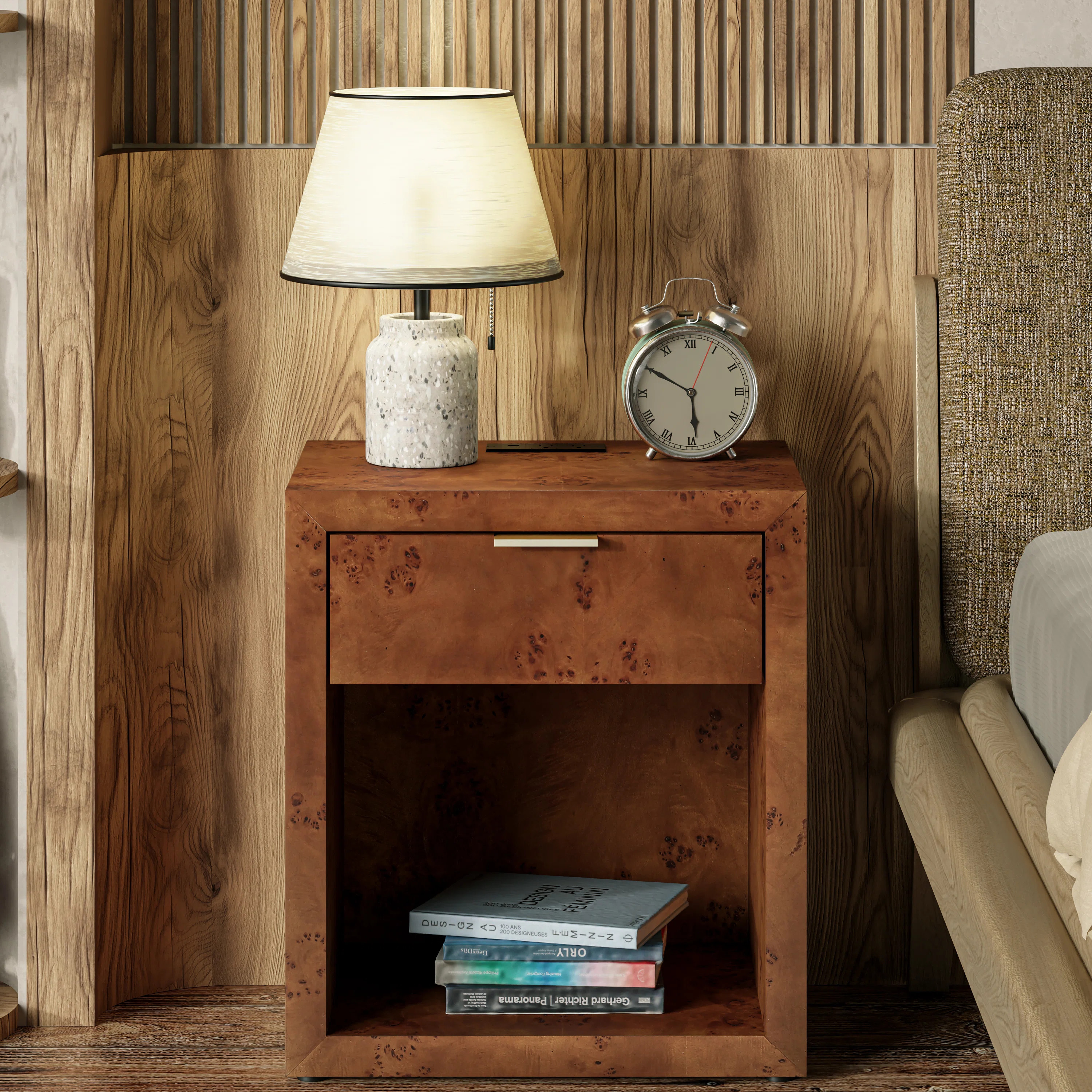 Manish Farmhouse Burl Finish Nightstand With Charging Station And Open Shelf | Wayfair North America