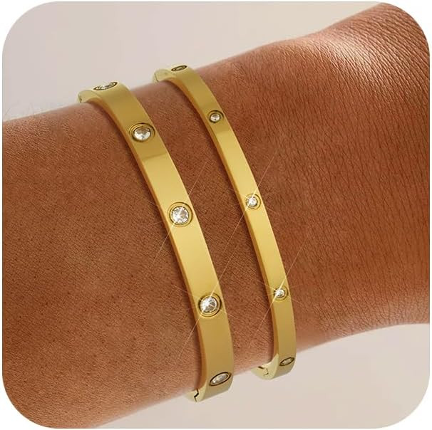 Howoo Gold Bracelets for Women 14K Gold Bangle Bracelets Stack Cubic Zirconia Bangle for Women Je... | Amazon (US)