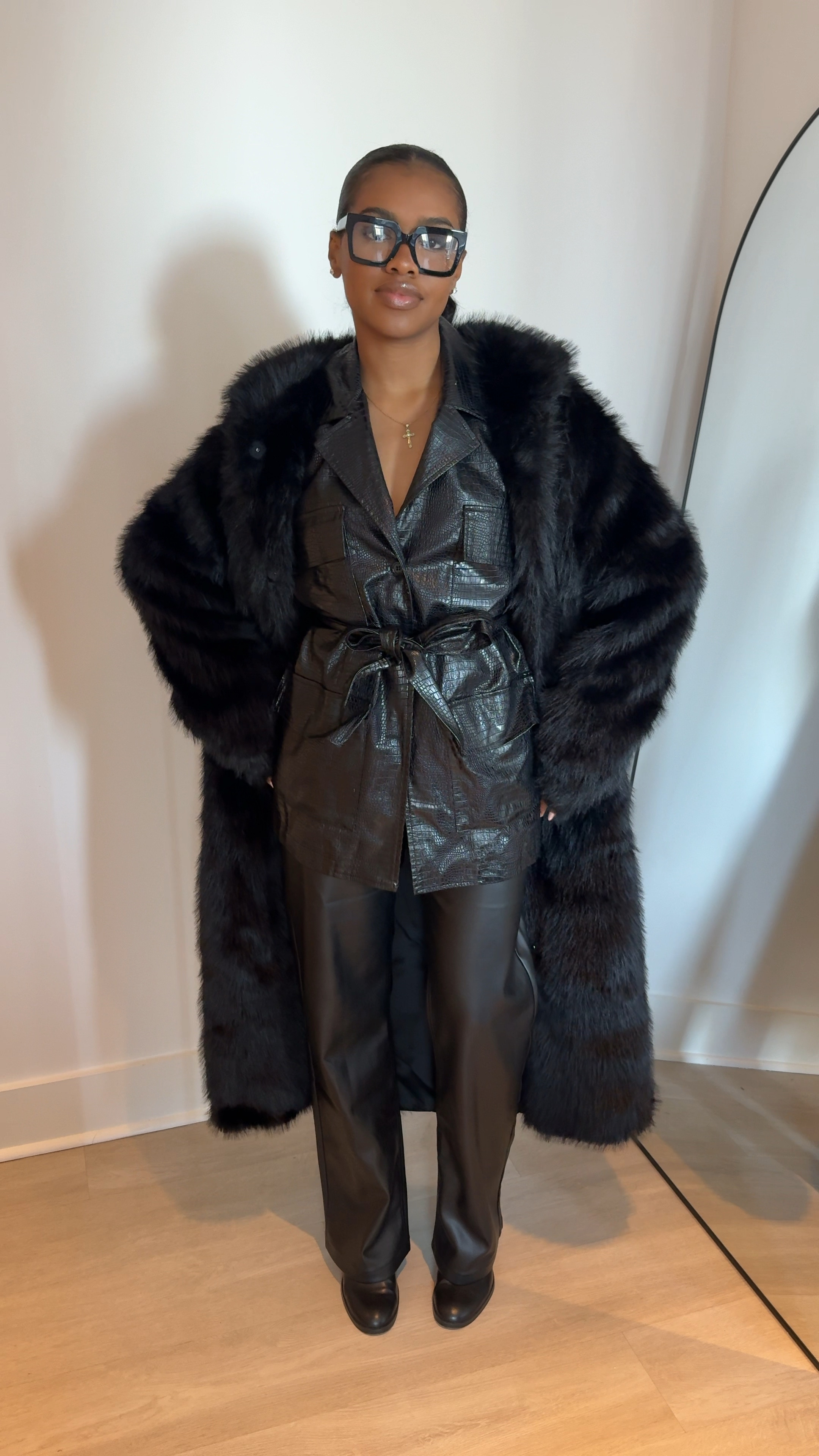 all black sleek 🖤 
FUR: NAKD — Long Faux Fur Coat
Top: Princess Polly (no longer sold)

#LTKSeasonal