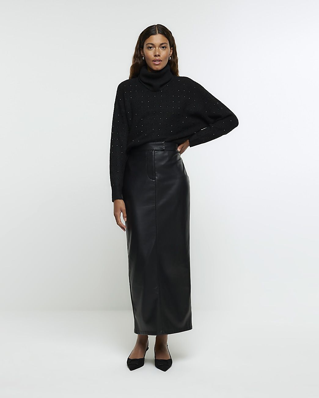 Black faux leather tailored midi skirt | River Island (UK & IE)