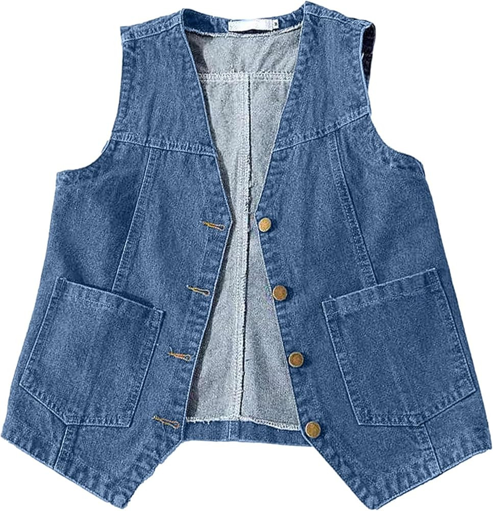 Womens Casual Jean Vest V Neck Open Front Button Down Sleeveless Denim Jacket with Pockets | Amazon (US)