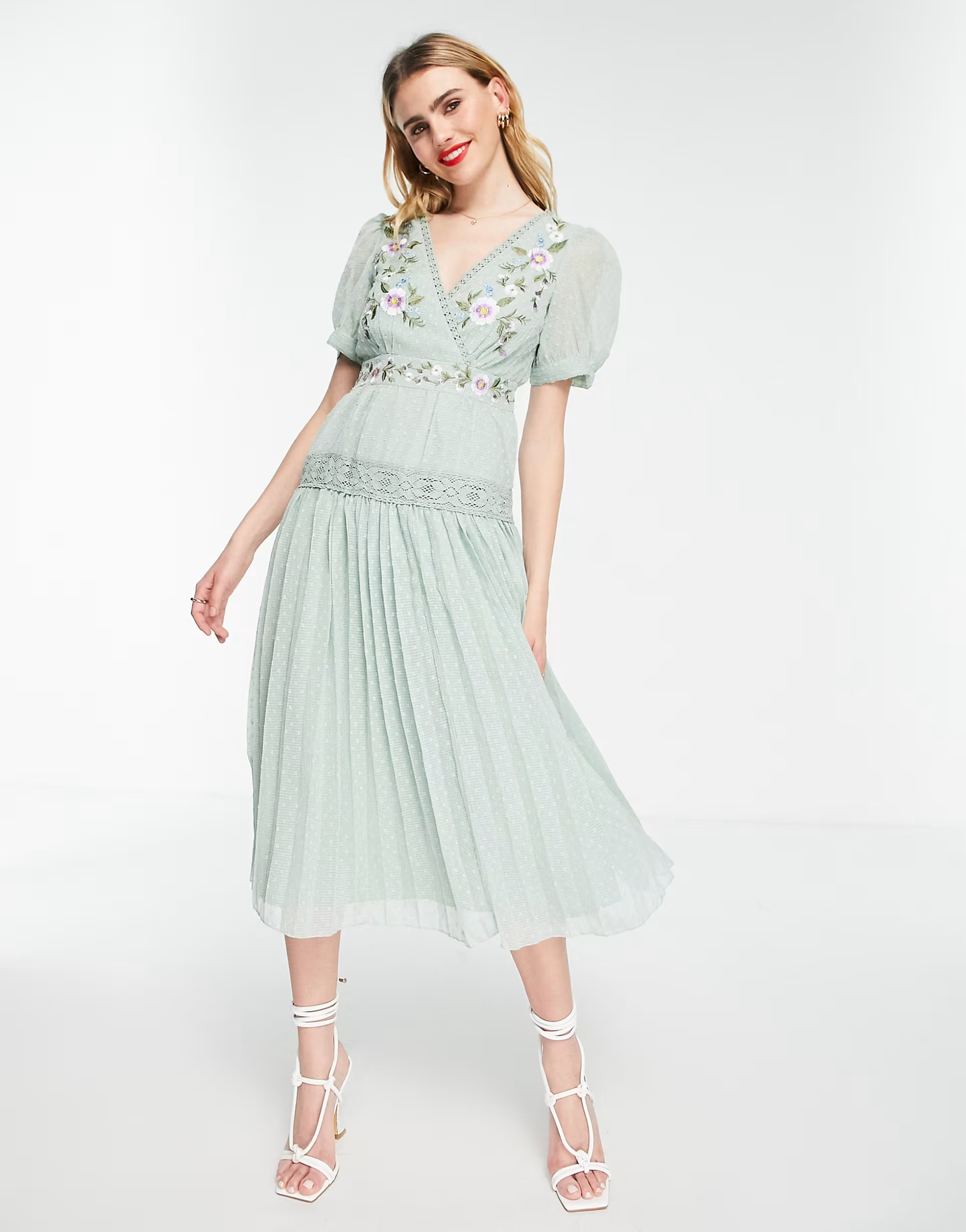ASOS DESIGN textured dropped waist pleated midi dress with embroidery | ASOS (Global)